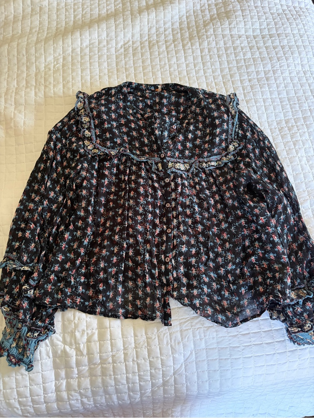 Free People Floral Button-Front Blouse in Black and Pink